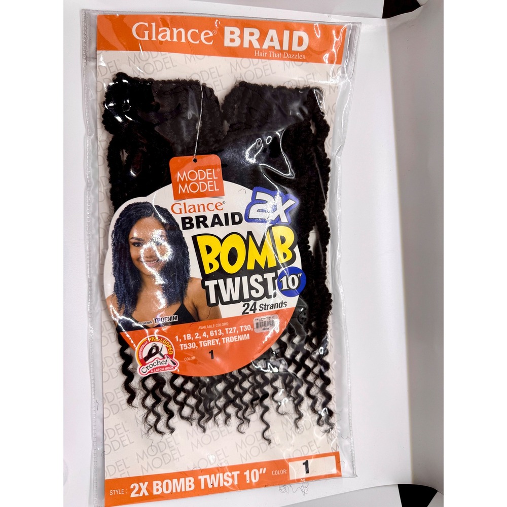 Model Model Glance Braid 2X Bomb Twist 10"‎ Color 1 Jet Black Crochet Hair GB208